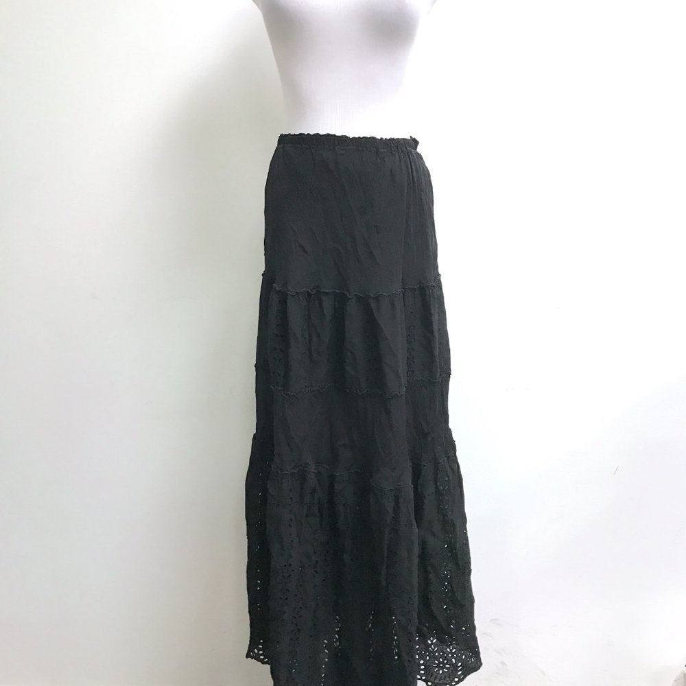 Johnny Was vintage black eyelet lace tiered long maxi skirt L